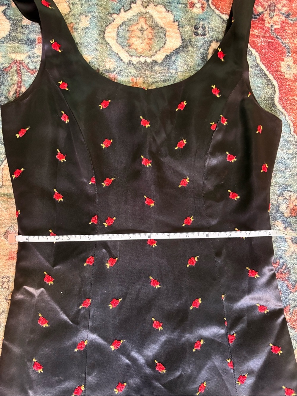 Rare! Vintage Betsey Johnson Black Satin Mini Dress with Red Rose Embroidery - Picture 11 of 11